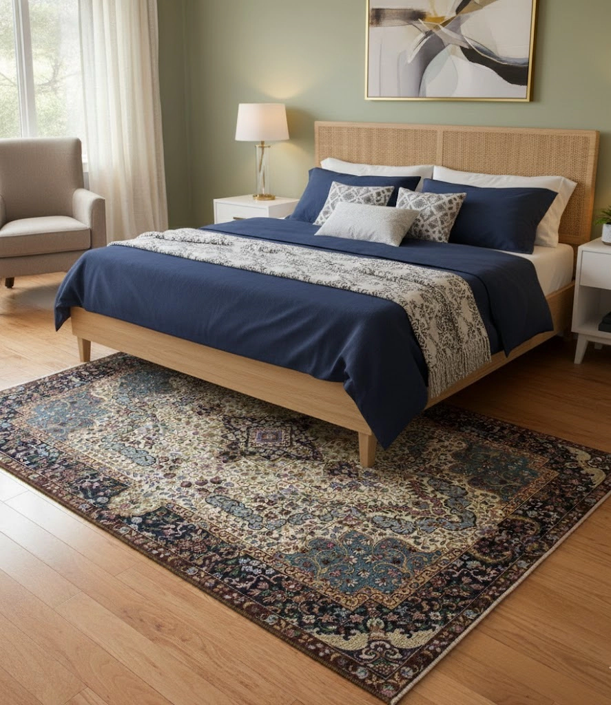 Magic Rugs Cream & Navy Floral 5'4X7'8 Kirman Oriental Rug