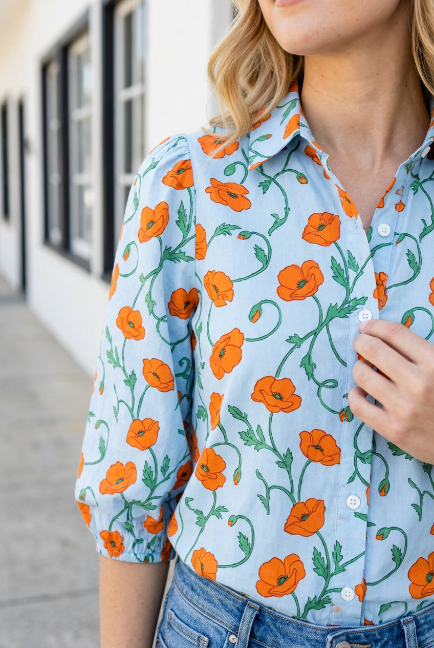 19092 Threaded Pear Leslie Sleeve Down Casual Shirt - Sky Blue, Floral, Short Sleeve, Loose Fit