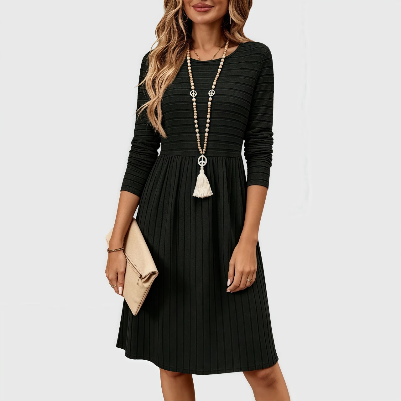YesFashion Womens Long Sleeve Fall Dresses Ribbed Knit Casual Crew Neck Knee Length Sweater Dress