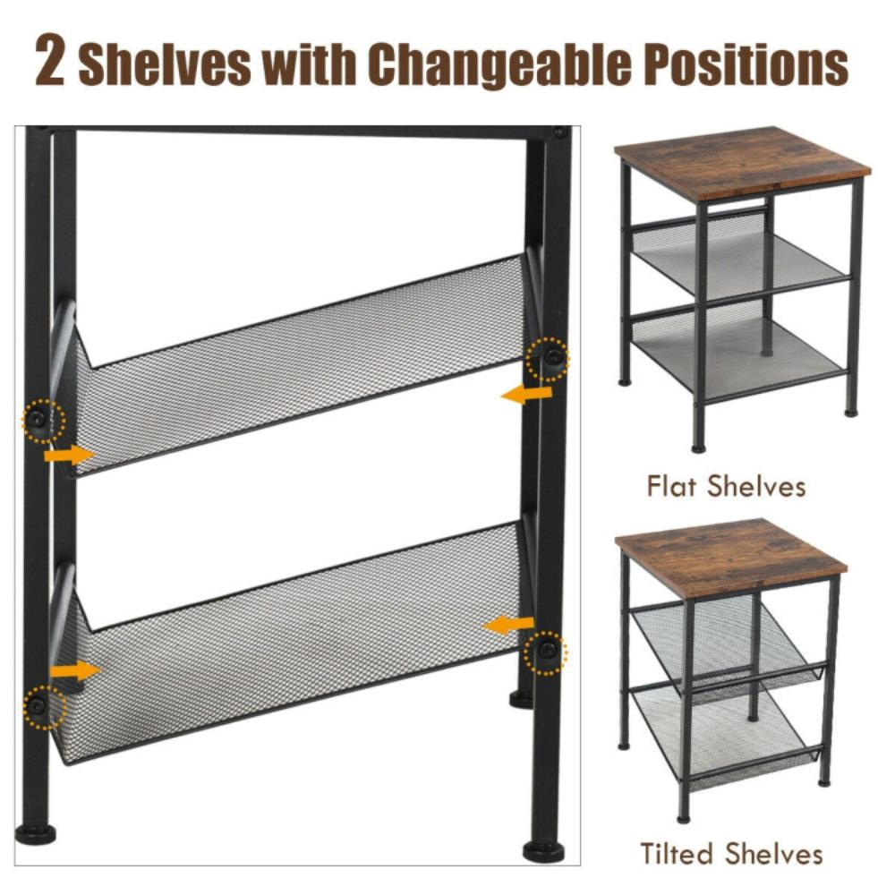Hivvago 3-Tier Industrial End Table with Mesh Shelves and Adjustable Shelves