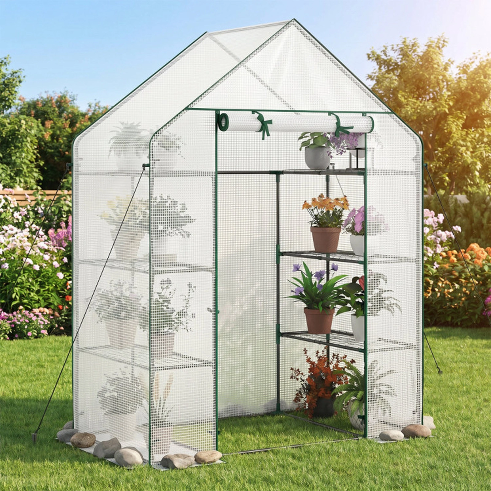 SUGIFT Portable Walk-in Greenhouse with 3 Tiers and 6 Shelves PE Cover Green