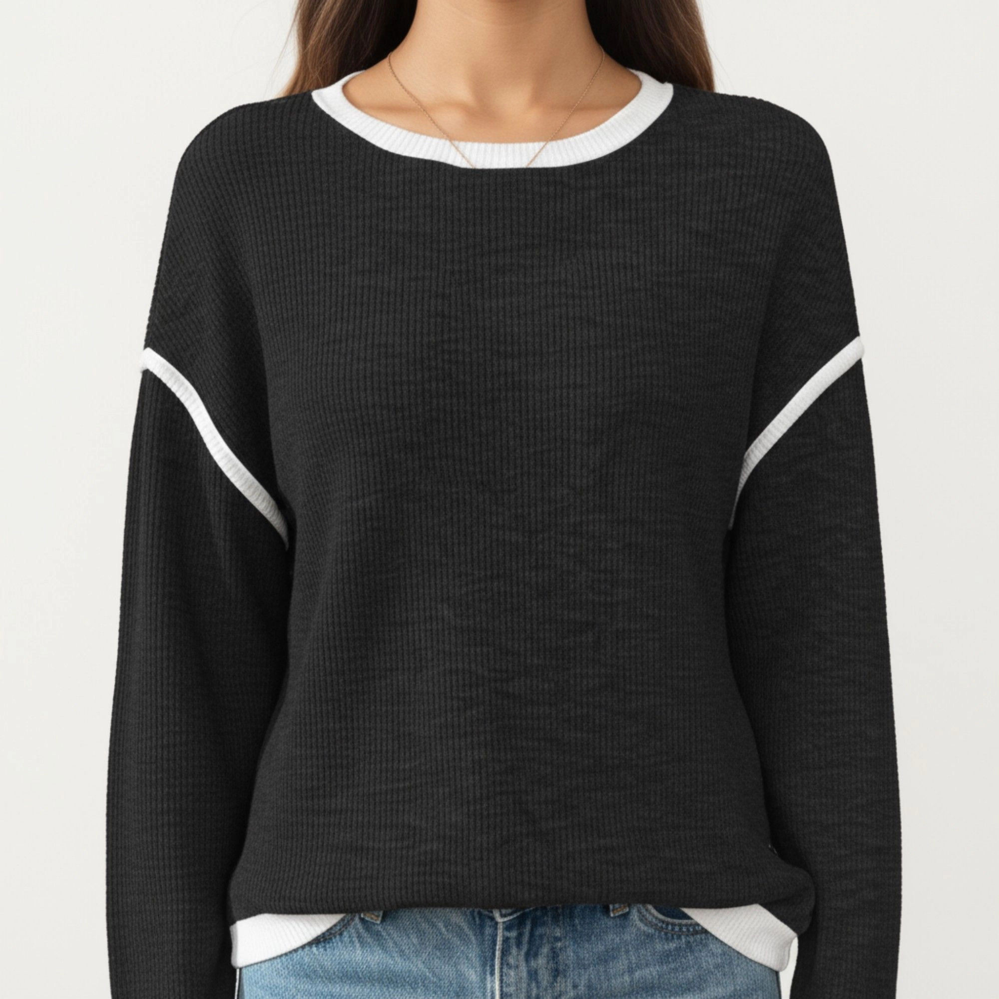 Anna-Kaci Women's Contrast Trim Relaxed Fit Long Sleeve Knit Top
