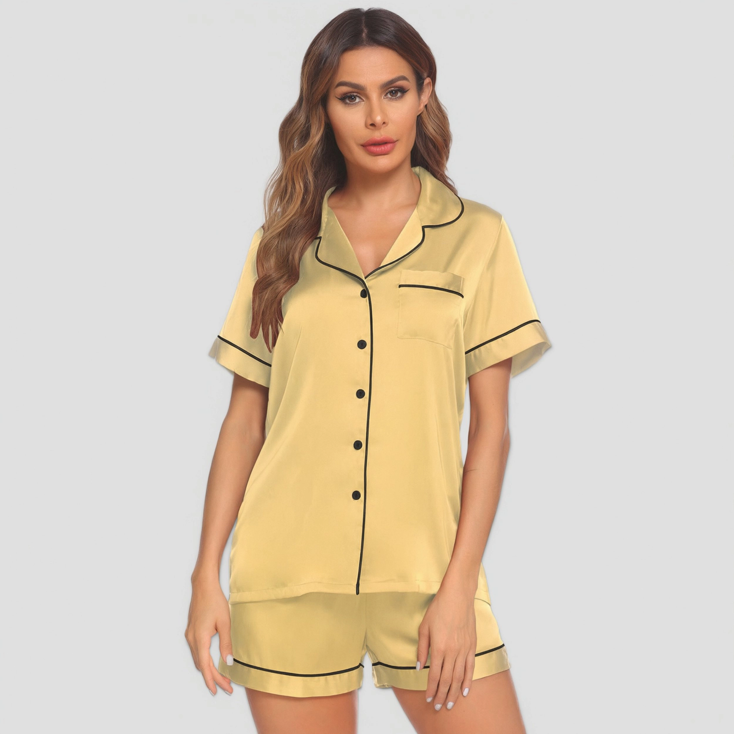 Ekouaer Satin Pajamas for Women Button Down Sleepwear Soft Silk Loungewear Short Sleeve Top