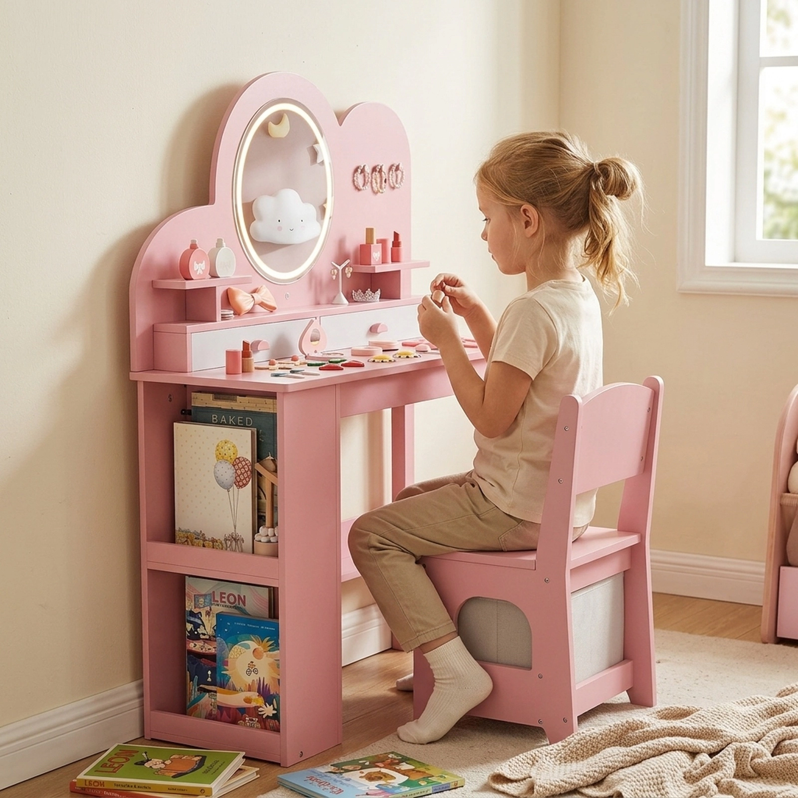 SUGIFT Kids Vanity with Lighted Mirror Princess Vanity Table and Chair Set 45-lb Tabletop Capacity Ages 3+ Pink/White