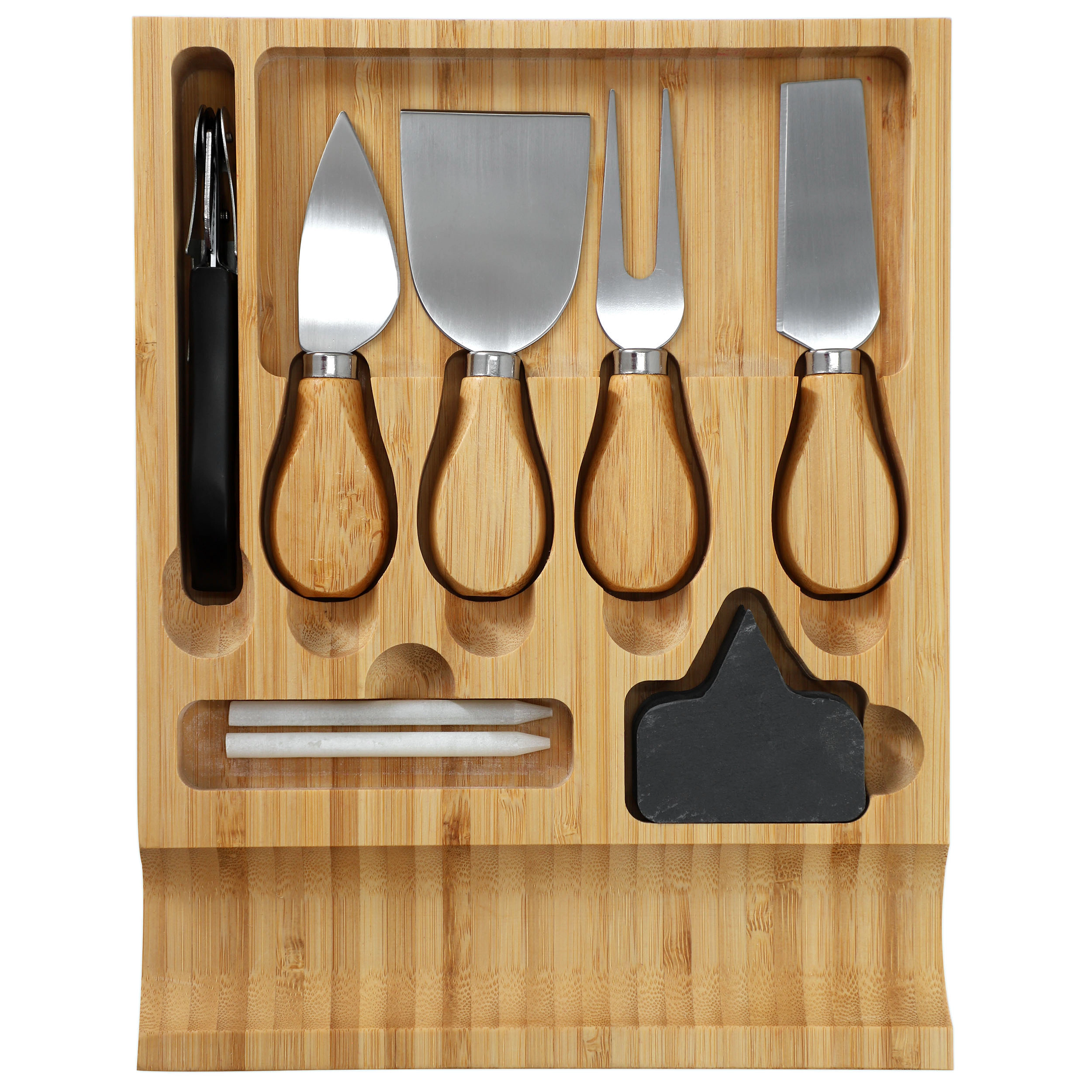 MegaChef Bamboo Charcuterie Cheese Board Slide Out Drawer Cheese Utensils, Bottle Opener, 3 Piece Mini Chalkboard Set