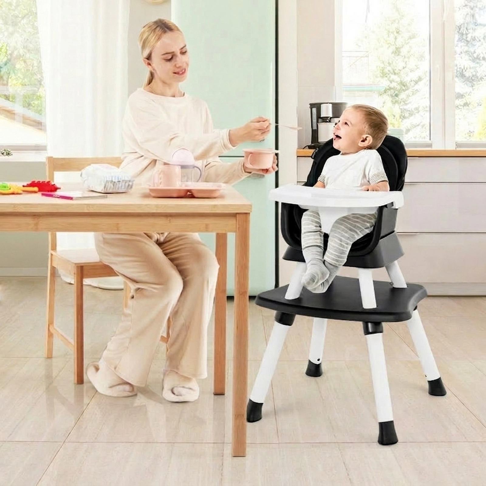 SUGIFT 6-in-1 Convertible Baby High Chair with Adjustable Removable Tray 55-lb Capacity Ages 6-36 Months Black