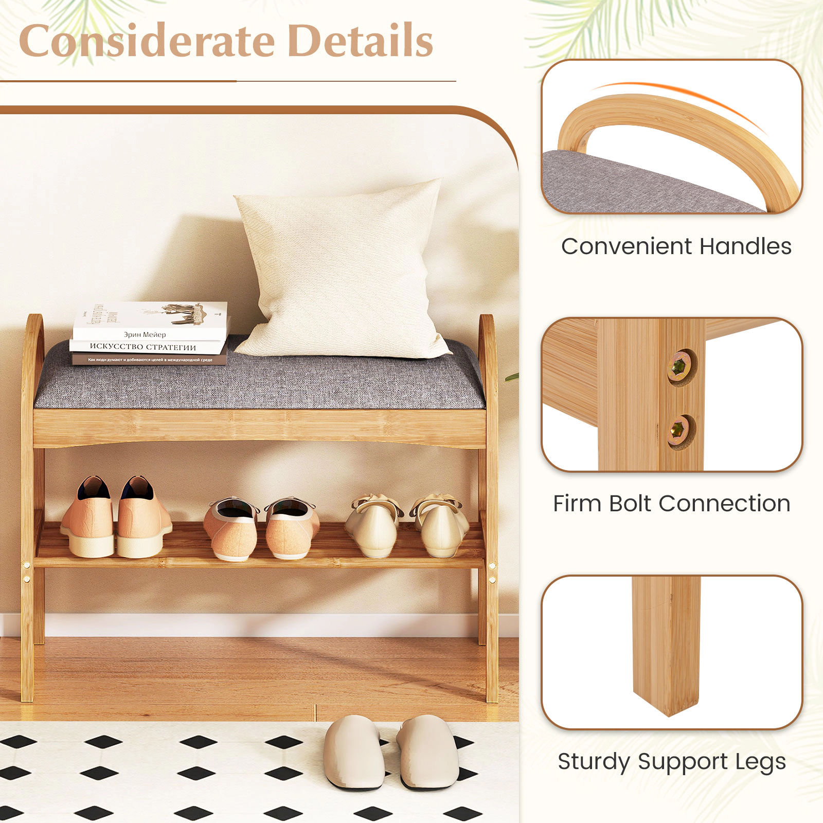 SUGIFT 2-Tier Natural 27.5-in Bamboo Shoe Bench with Padded Cushion for Entryway Hallway and Bedroom