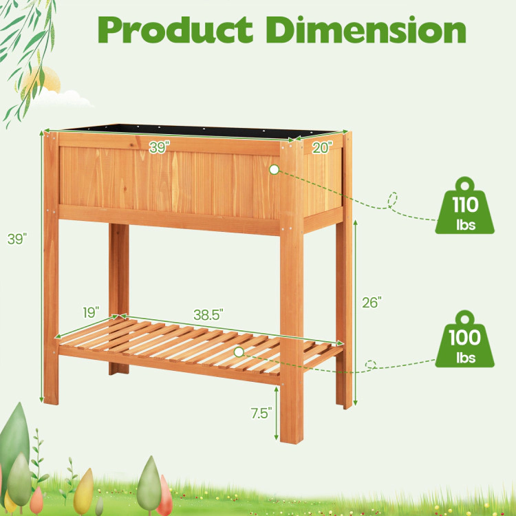Hivvago Outdoor Raised Garden Bed Fir Wood Planter Box with Bottom Storage Shelf and Protective Liner