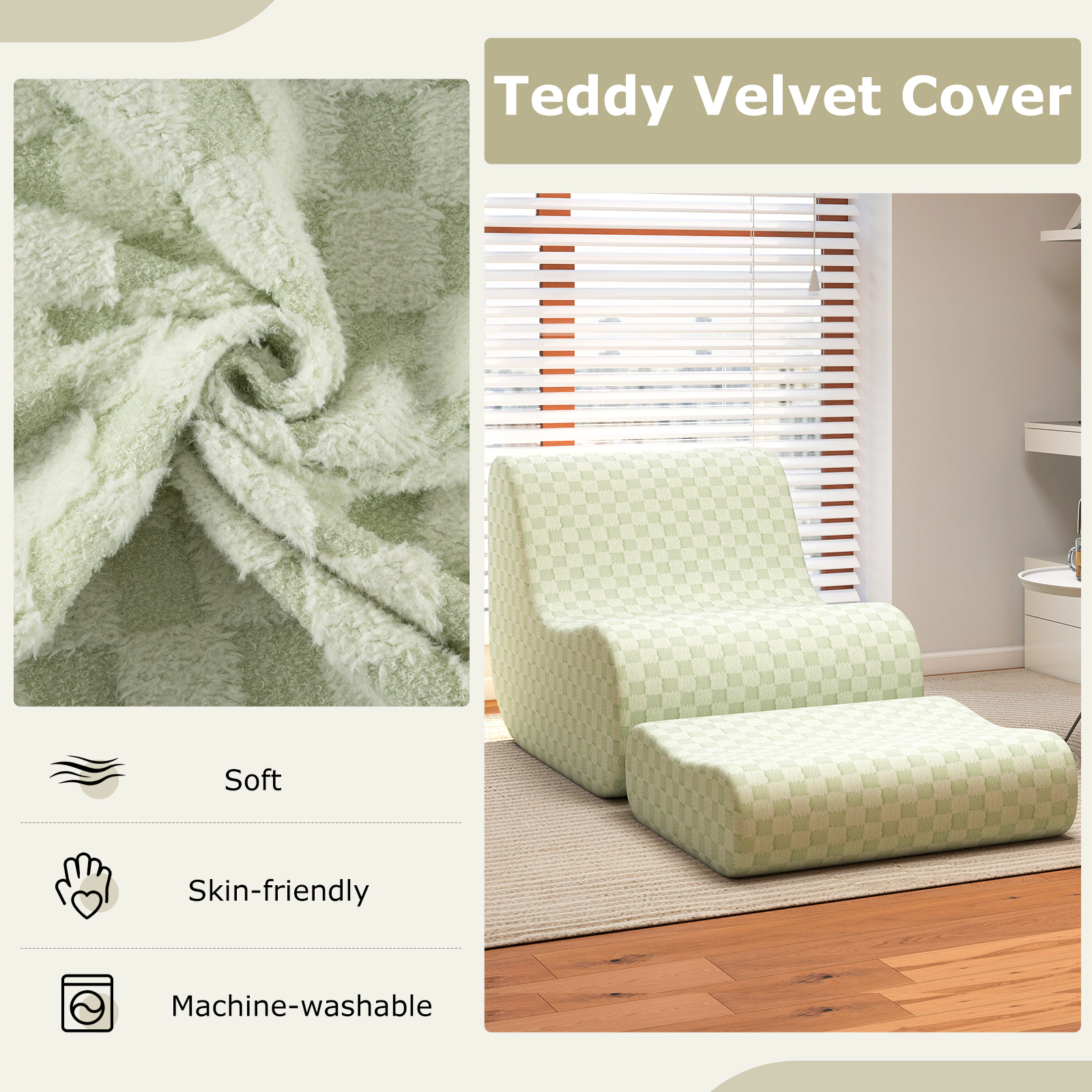 SUGIFT Bean Bag Chair Green with Ottoman and High Elasticity Sponge Filling