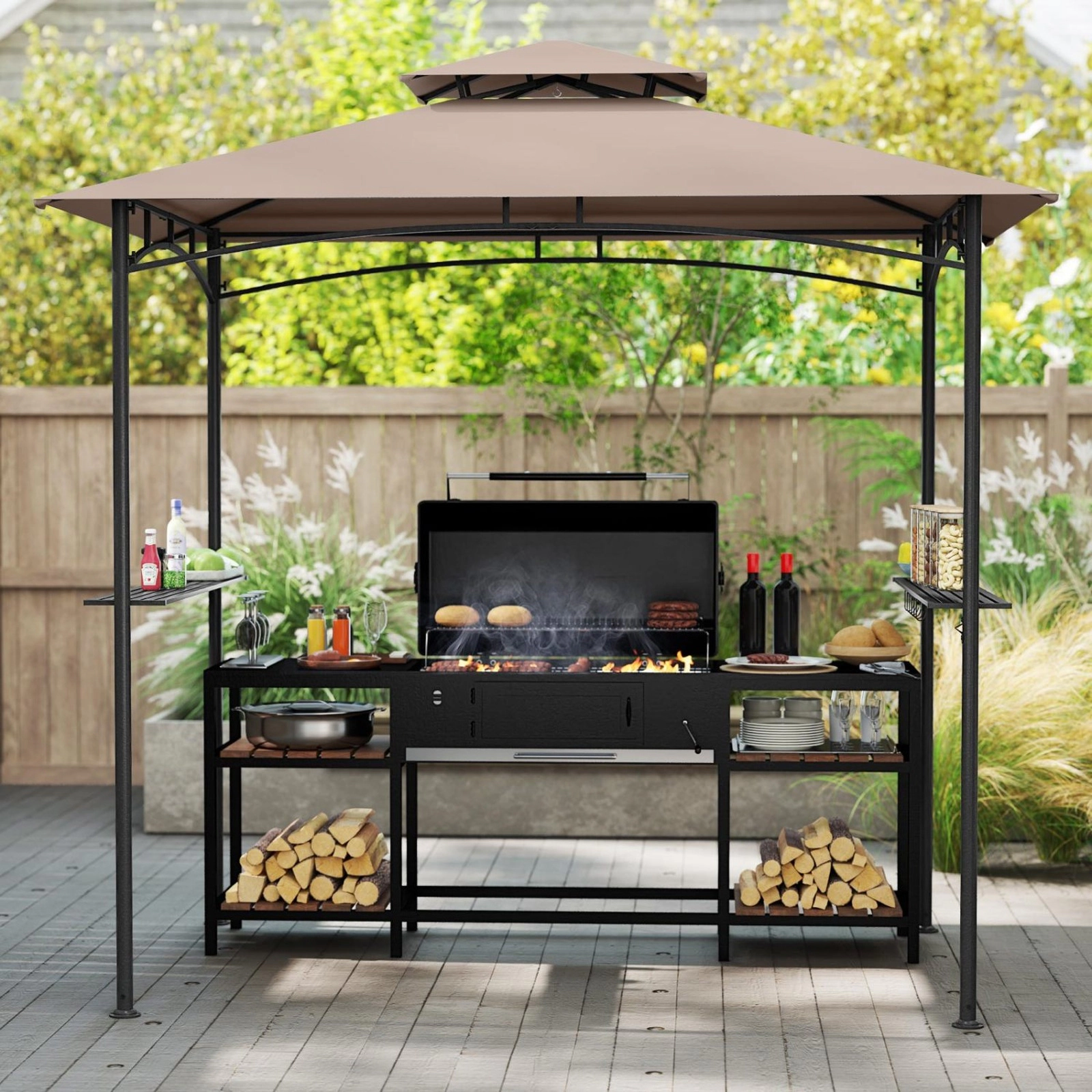 SUGIFT 8-ft x 5-ft Gray Grill Gazebo BBQ Canopy with Double-Tiered Roof 2 Side Shelves and 6 Hooks