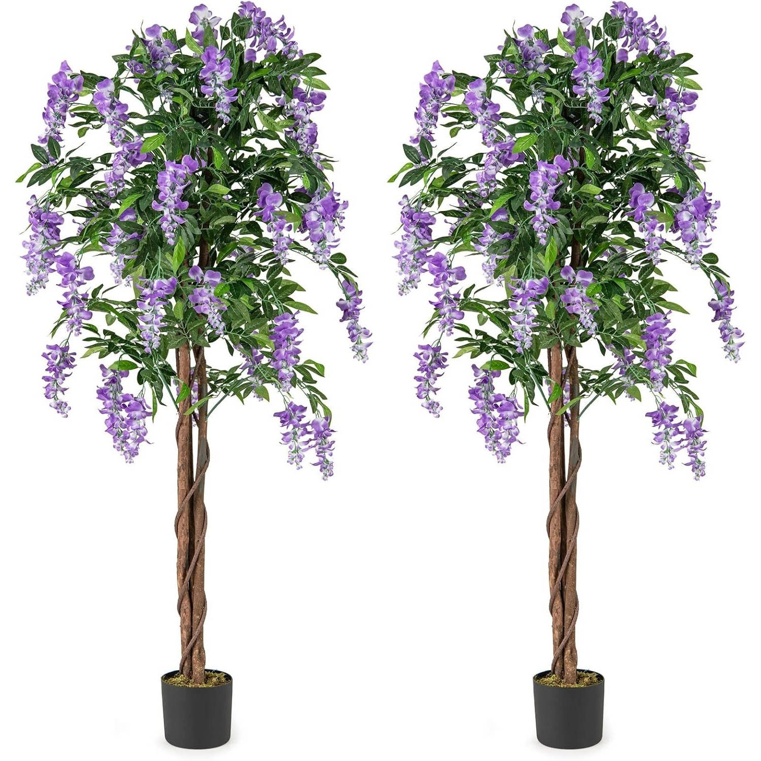 Slickblue Artificial Wisteria Tree 65in Set of 2 Purple Hanging Flowers in Planter Floor Decor
