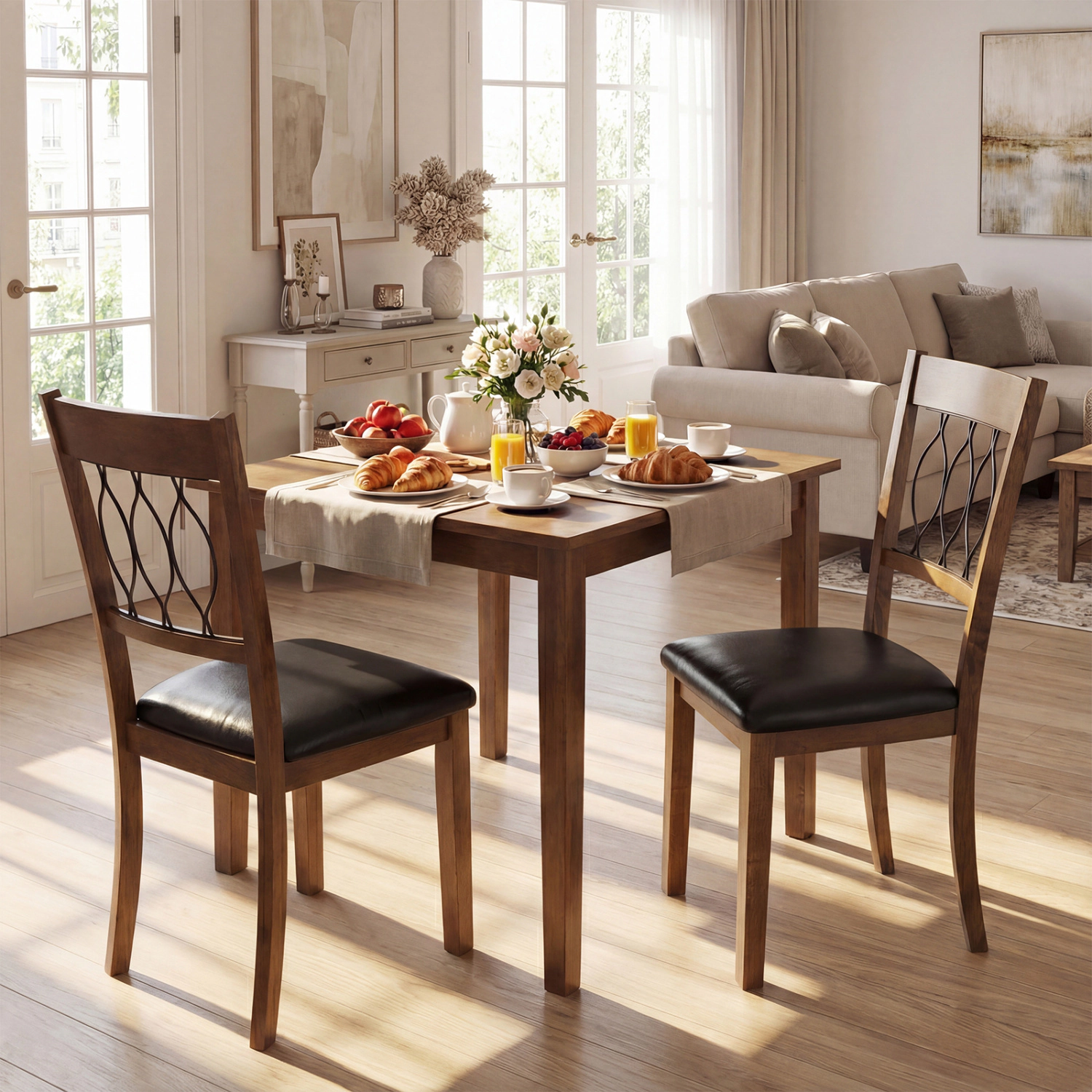 SUGIFT Walnut Faux Leather Upholstered Padded Seat Hollow Back Set of 2 Dining Chairs