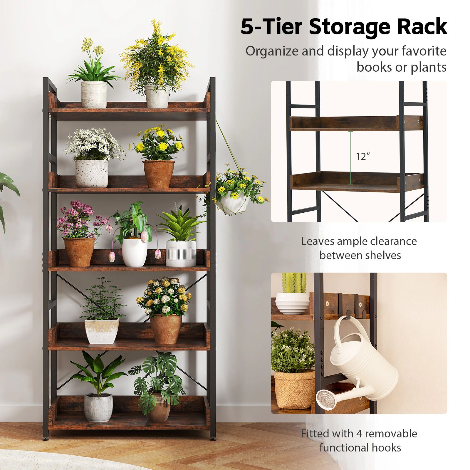 SlickBlue 5 Tier Bookshelf with Hooks and Metal Frame for Living Room Storage