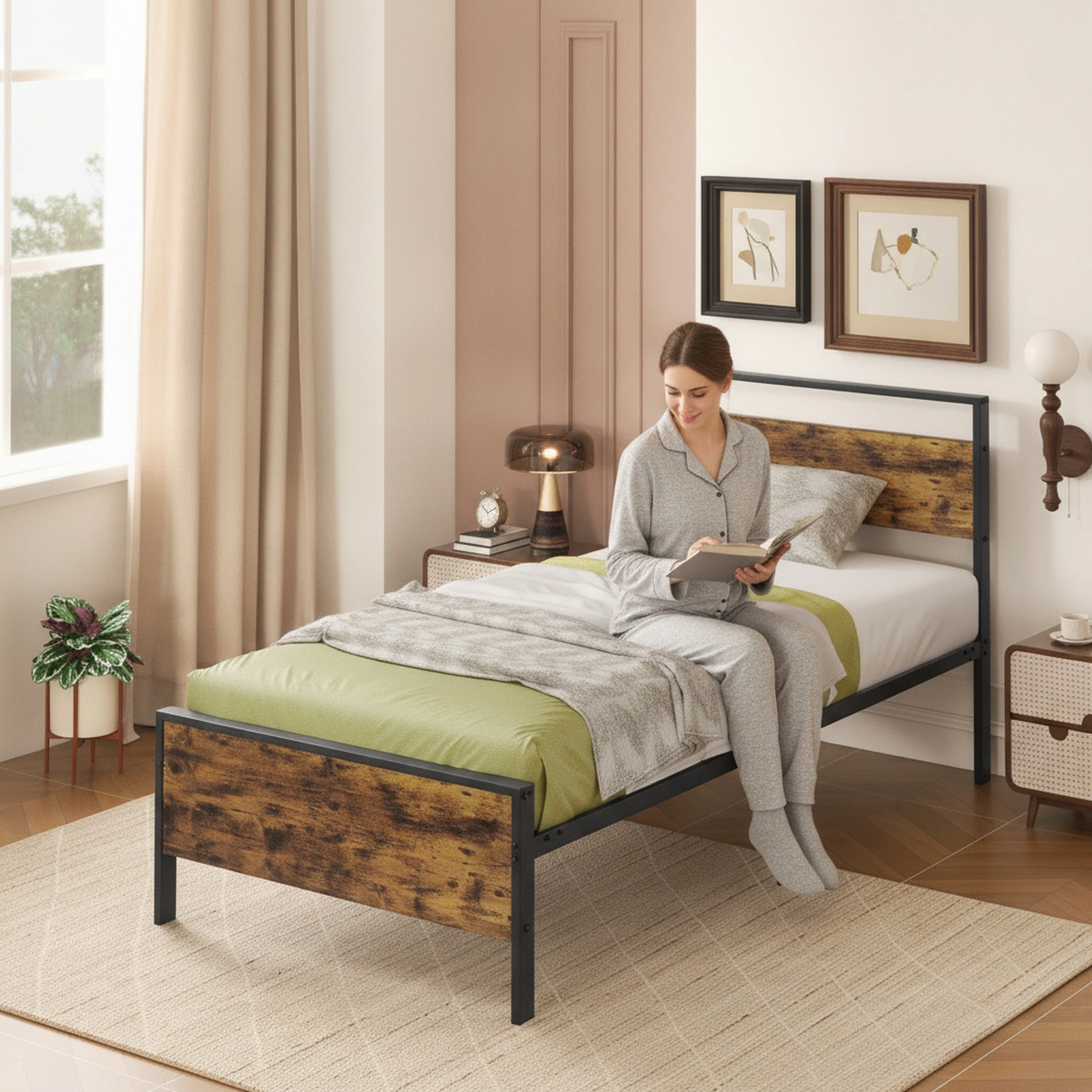 SUGIFT Twin Industrial Metal Platform Bed, Rustic Brown Wood Panels, 480-lb Capacity