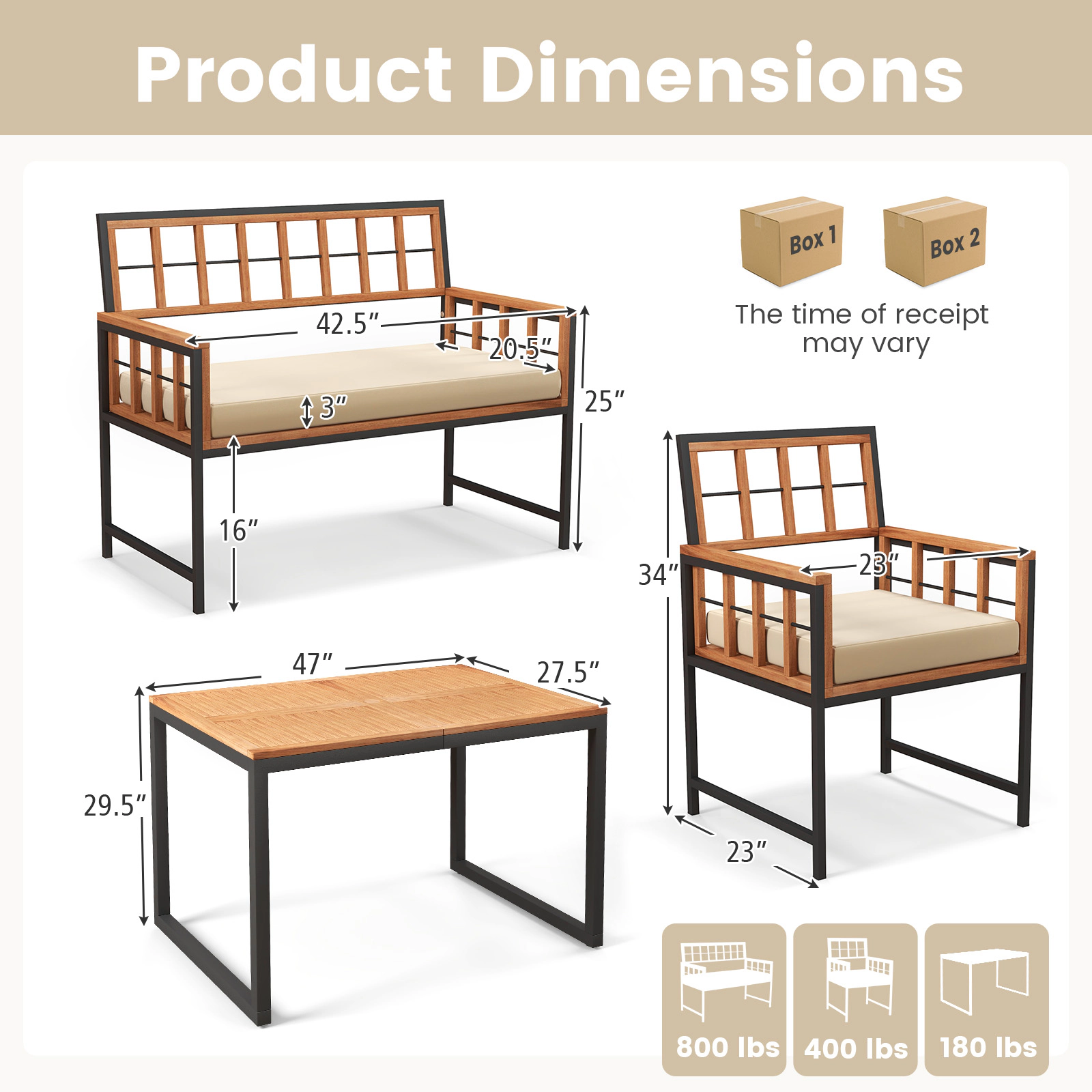 LJG 4 Pieces Acacia Wood Patio Dining Set with 1 Rectangular Table
