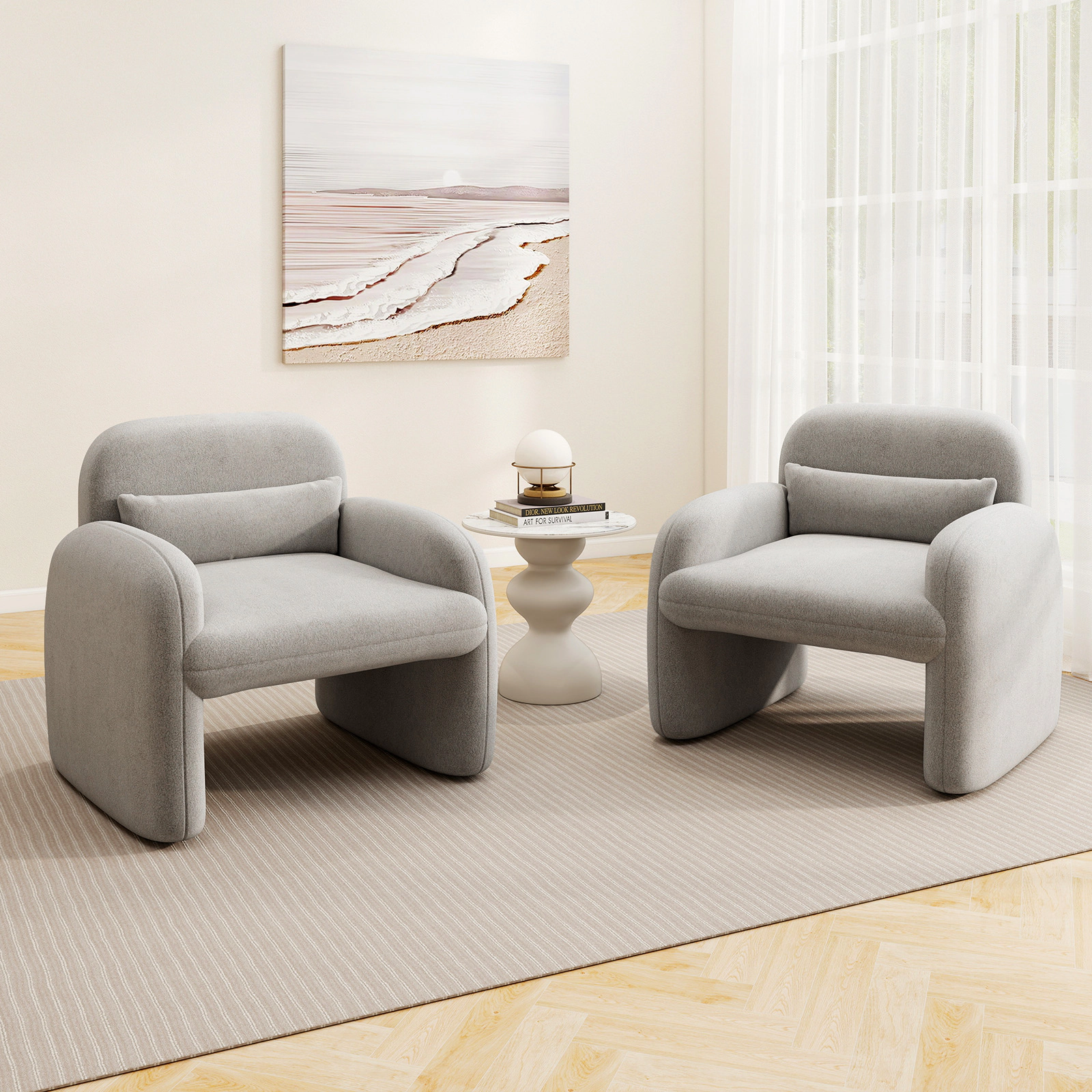 SUGIFT Modern Gray Sherpa Accent Chair, Oversized Armchair with 23-in Seat and Lumbar Pillow