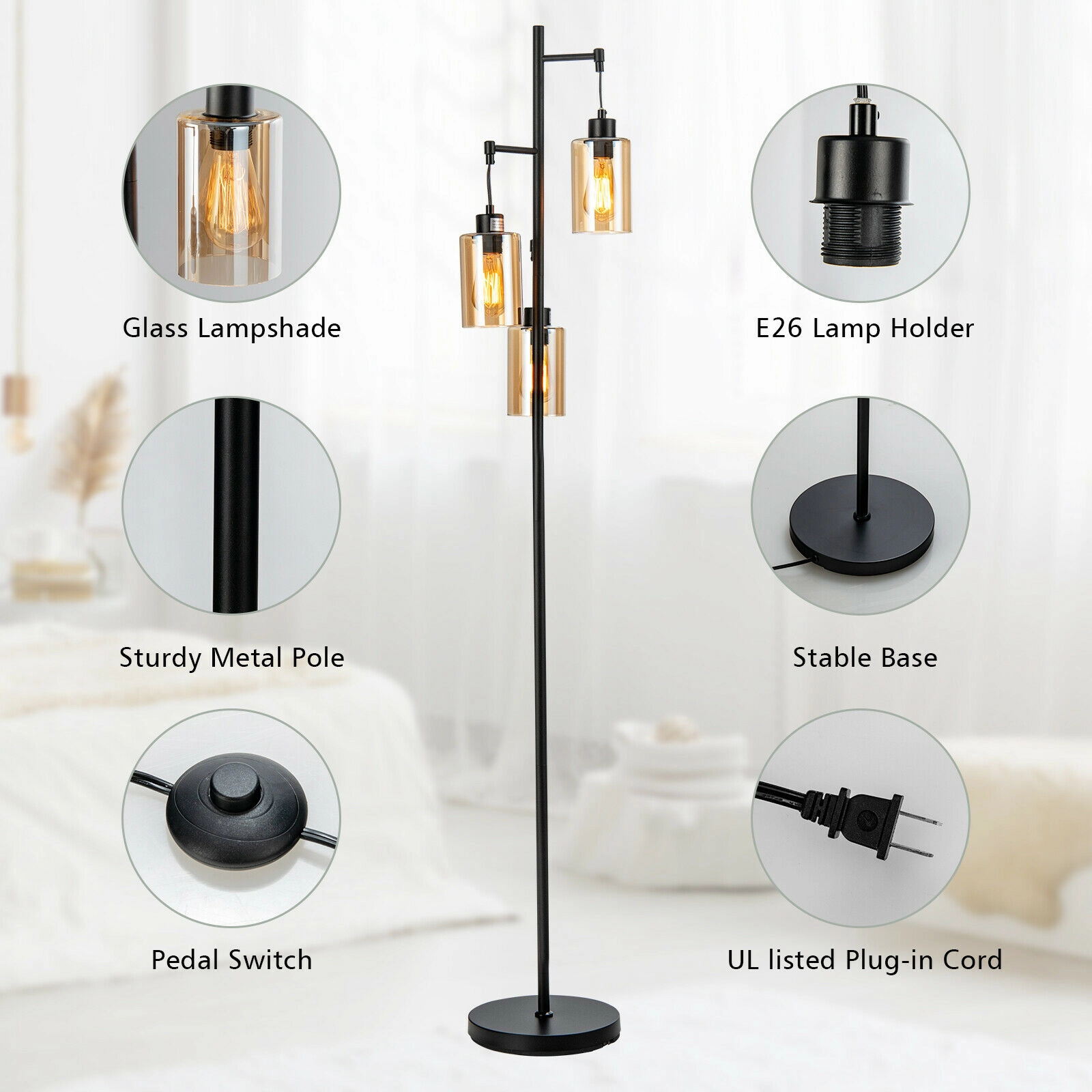 SUGIFT 3-Head Amber Glass Shade Foot Switch Retro Floor Lamp 64.5-in Tall 9.5-in Base 60W Max E26 Socket Black