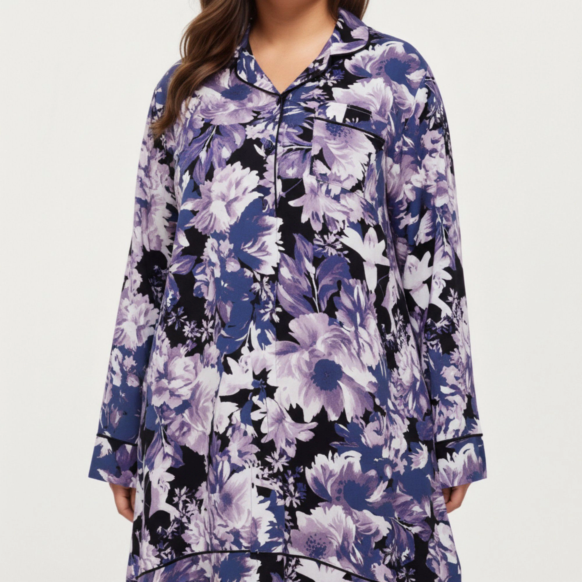 Anna-Kaci Women's Floral Print Long Sleeve Sleep Shirt Fabric Notched Collar Detail and Relaxed Above-Knee Silhouette