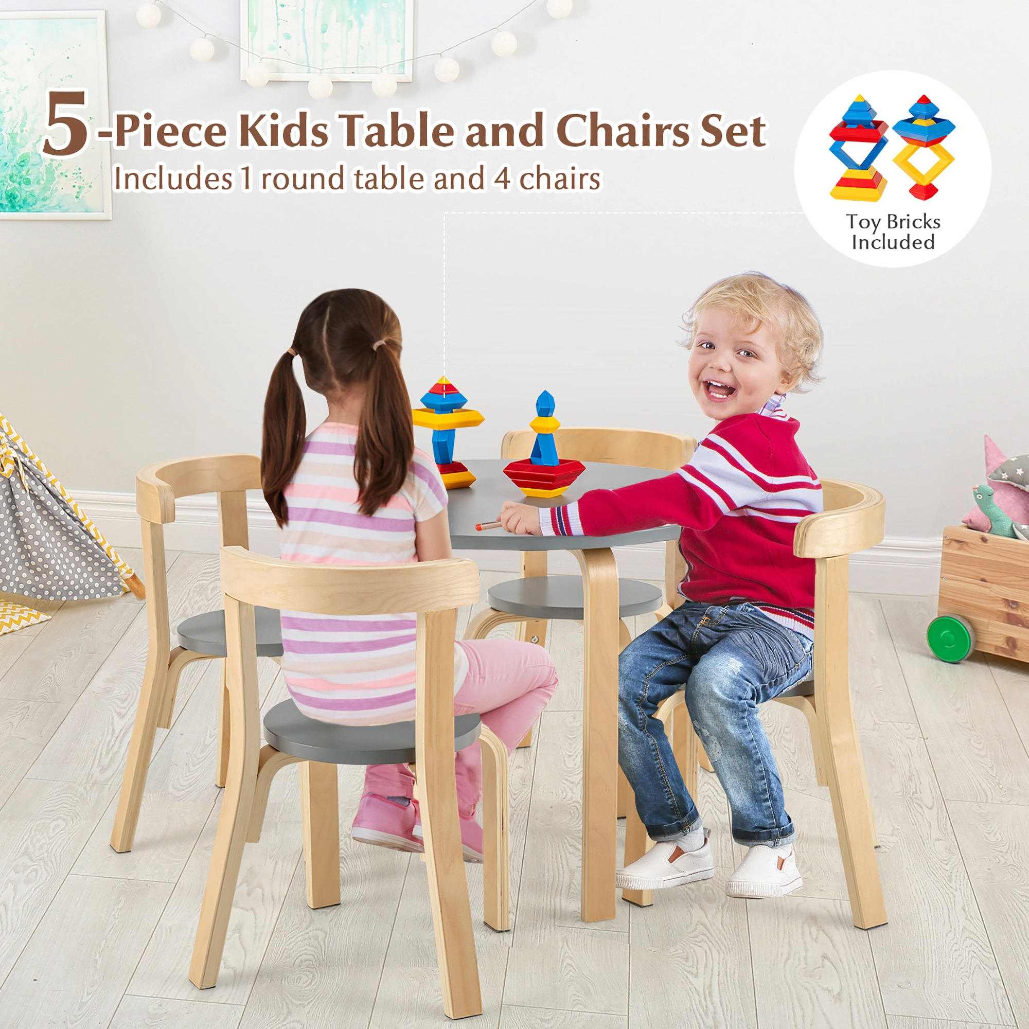 SUGIFT Gray Curved Back Chairs and Toy Bricks 5 Piece Kids Table and Chair Set