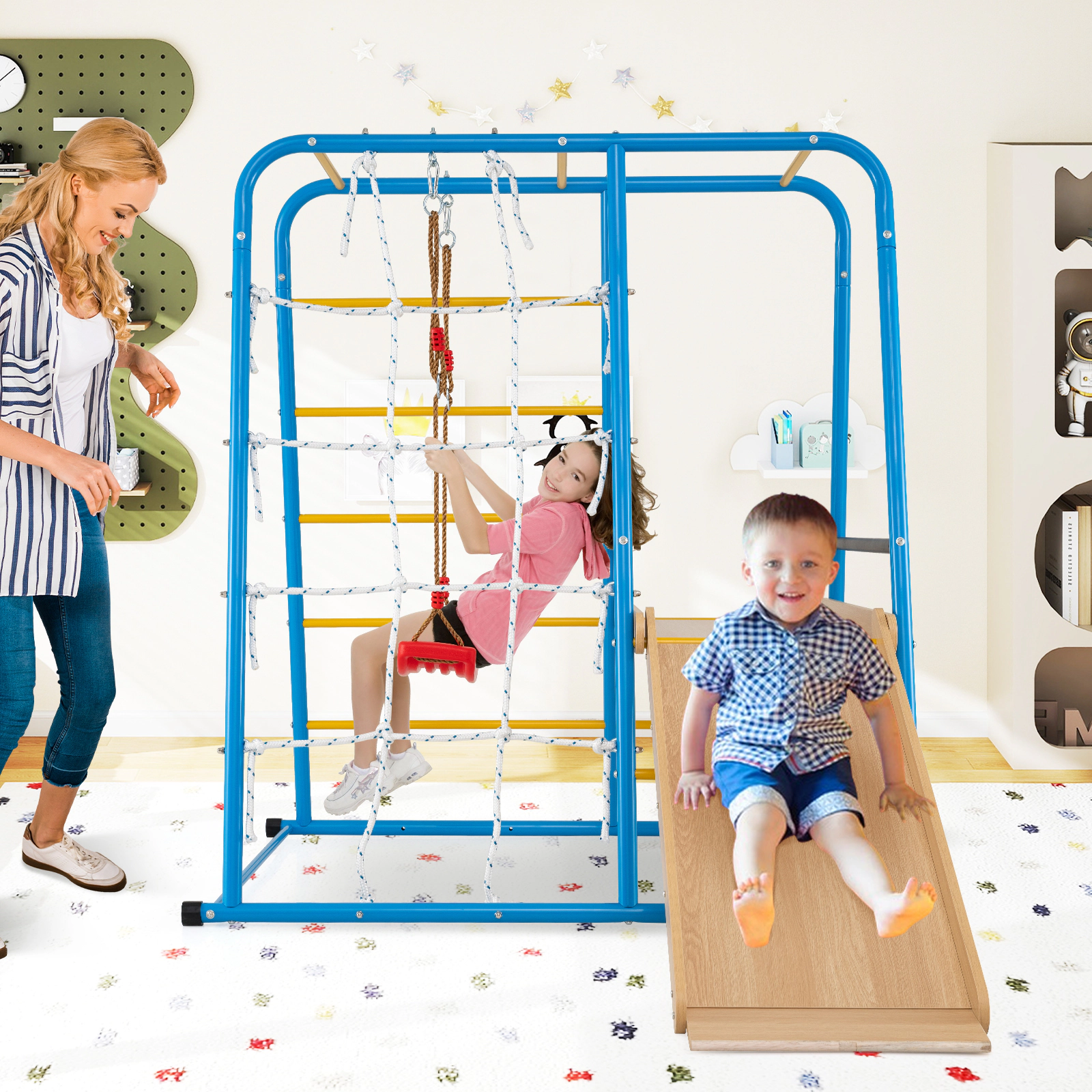 LJG 6-in-1 Indoor Jungle Gym with Slide for Boys and Girls 3+ Years Old