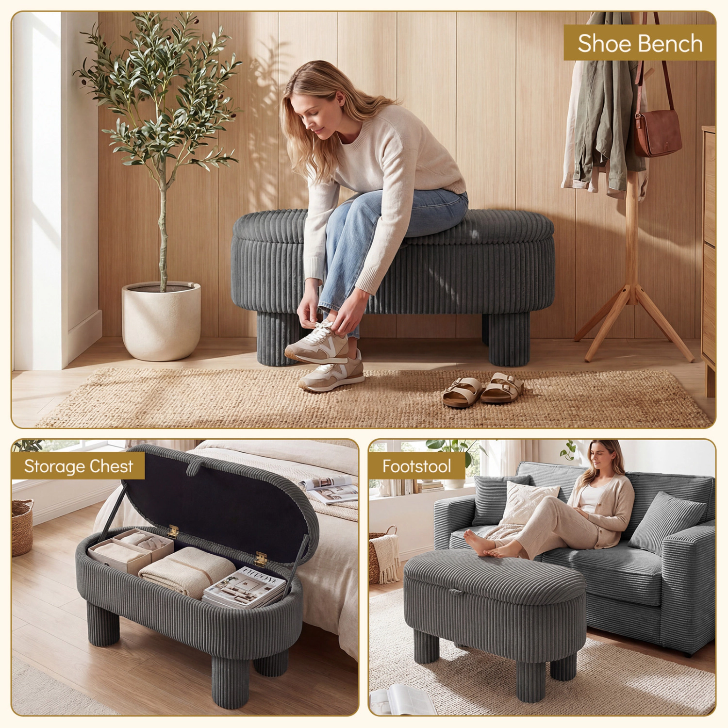Glintex 42-Inch Corduroy Storage Ottoman Bench with Lifting Strap and 400-Lb Top