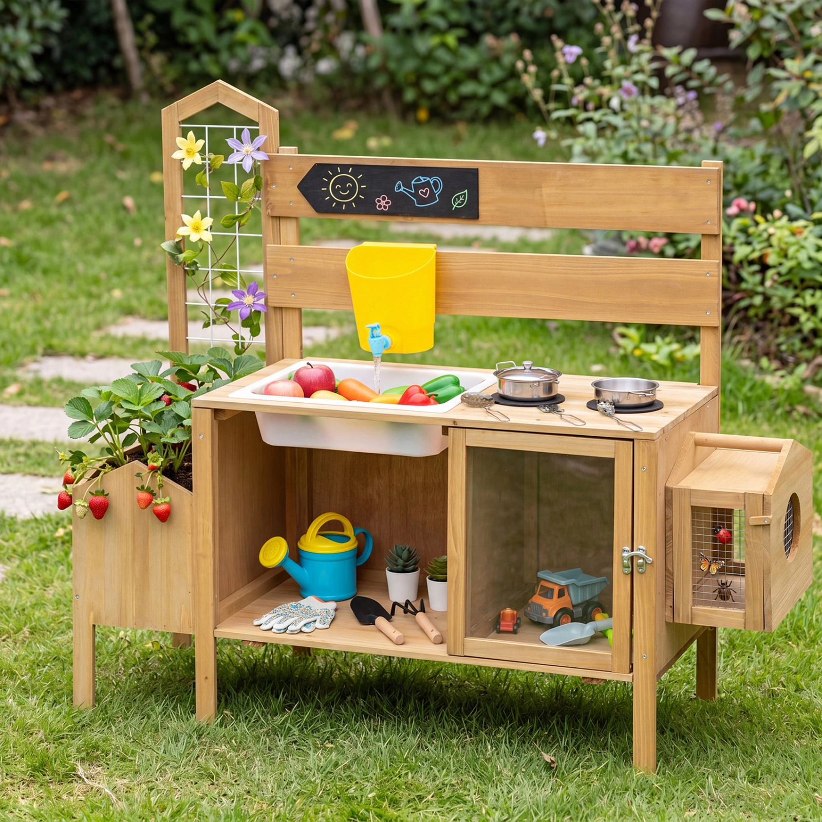 SUGIFT Fir Wood Mud Kitchen for Kids with Detachable Bird Cage, Stoves and Planter Box Ages 3+ Natural