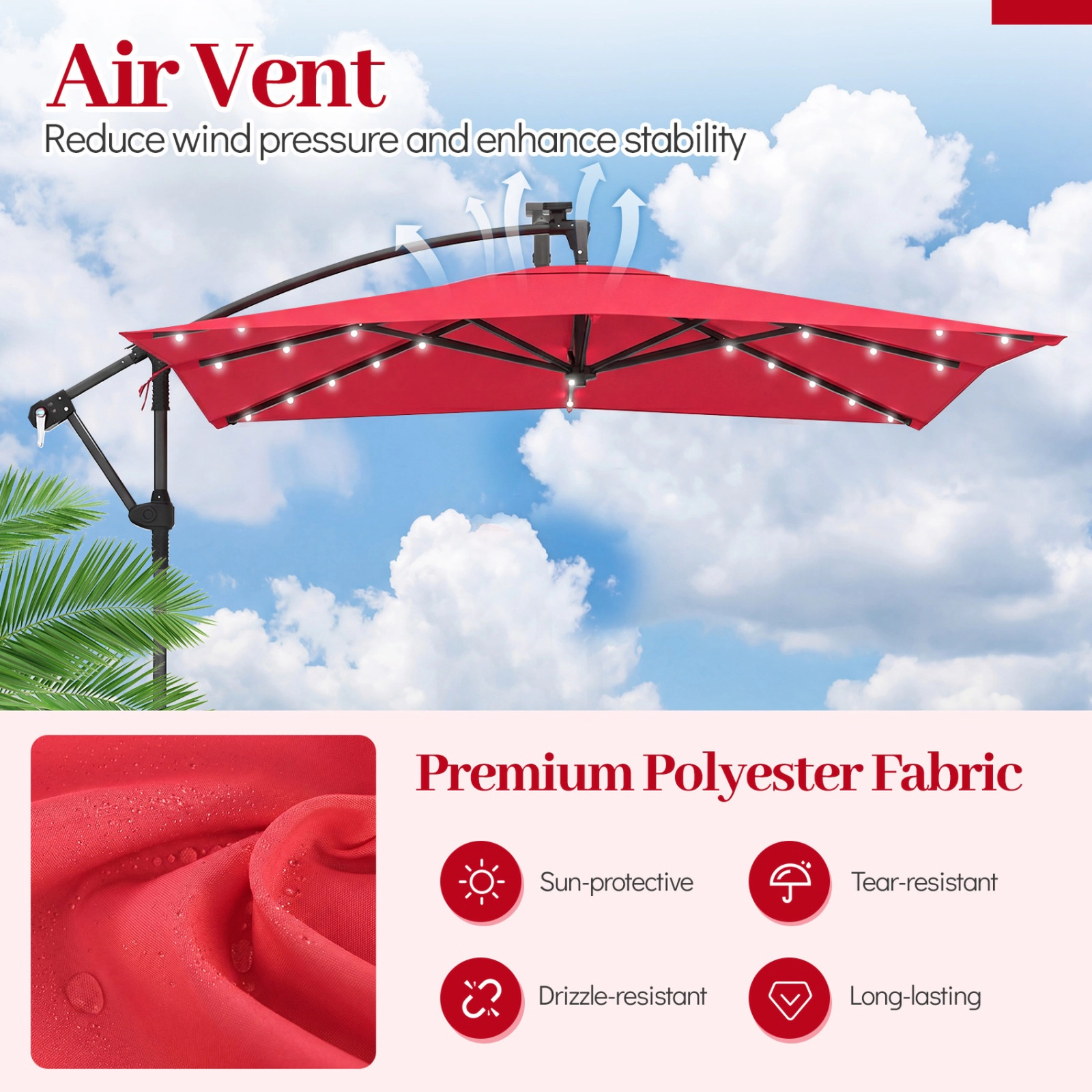 SUGIFT 8-ft Red Square Solar LED Offset Patio Umbrella with 360-Degree Rotation and Crank Lift for Deck