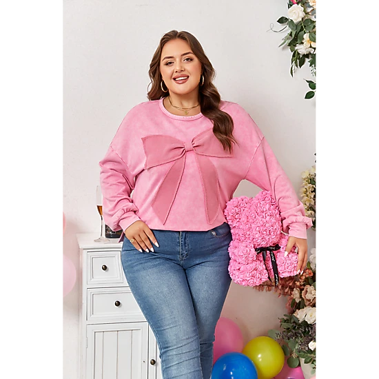 Threaded Pear Women's Bonbon Waffle Bowknot Patchwork Graphic Mineral Wash Plus Size Sweatshirt