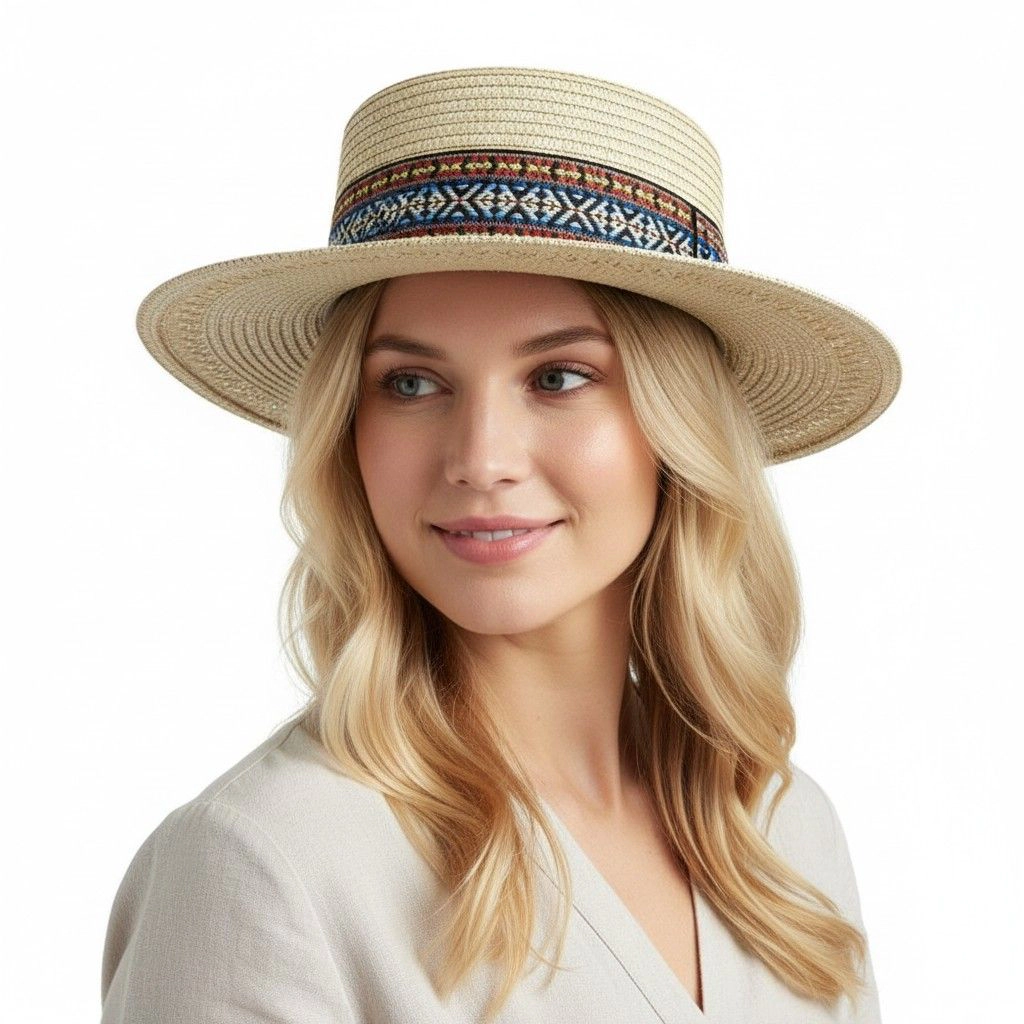 Anna-Kaci Womens Straw Boater Hat Wide Brim Summer Beach Woven Band Flat Top Sun
