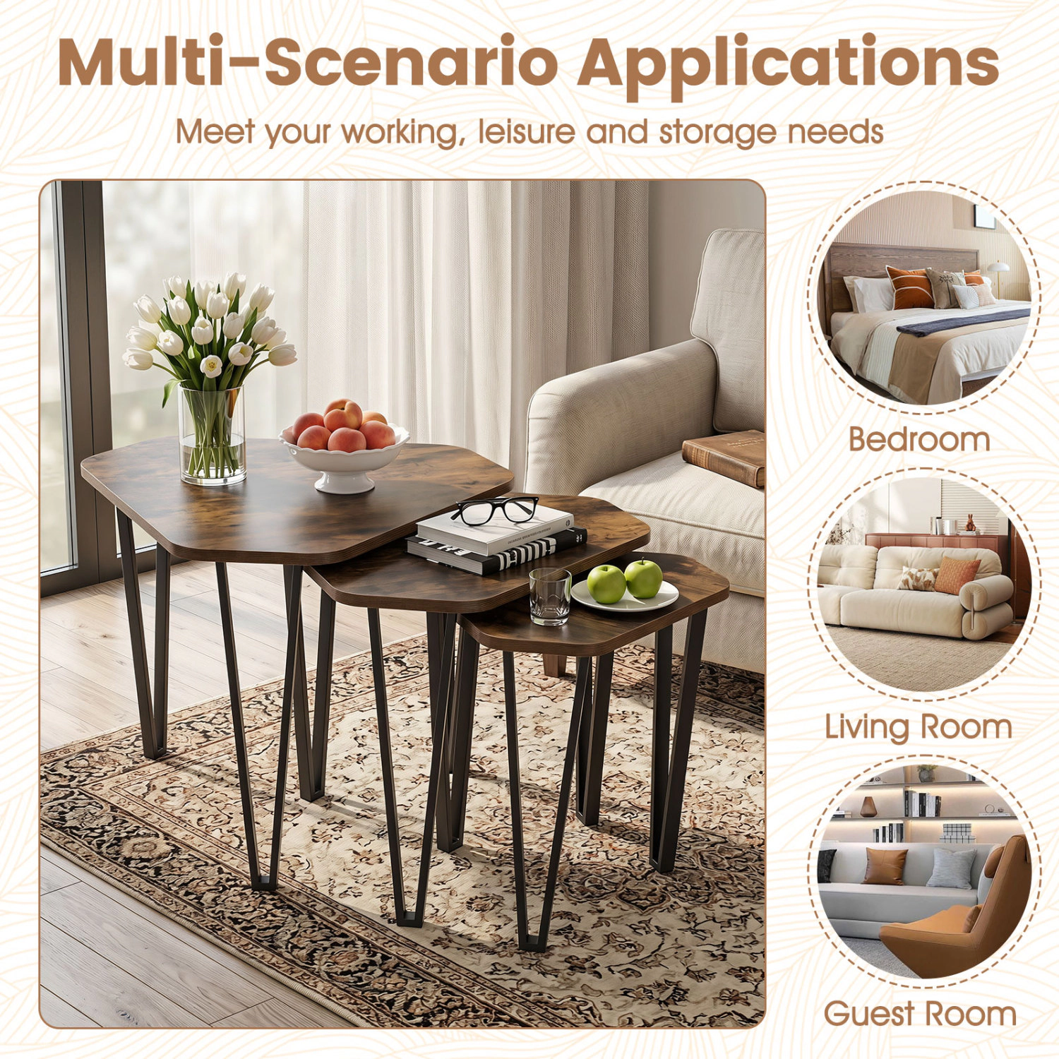 Glintex 3-Piece Nesting Table Set with Wood Tops and Industrial Metal Frames, Rustic Brown