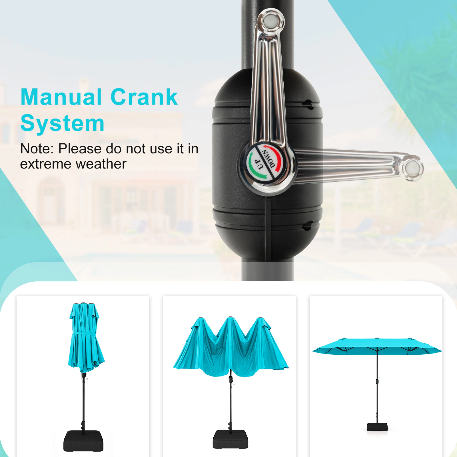 SUGIFT 13-Foot Double-Sided Patio Twin Table Umbrella with Crank Handle and Fillable Cross Base Turquoise