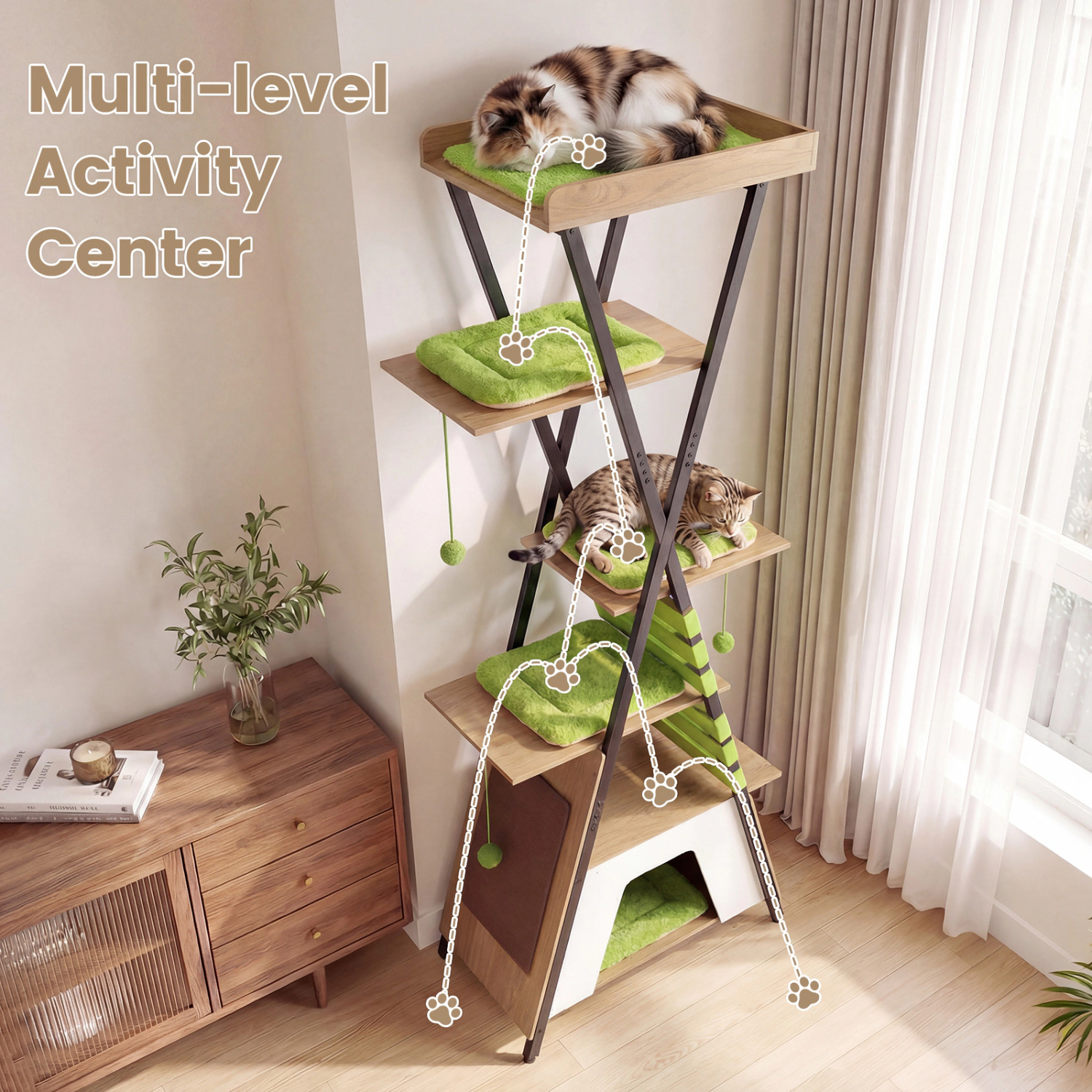 SUGIFT 73-in Extra Tall Cat Tree with Large Condo Guardrail Perch Metal Frame and Anti-Tip Device