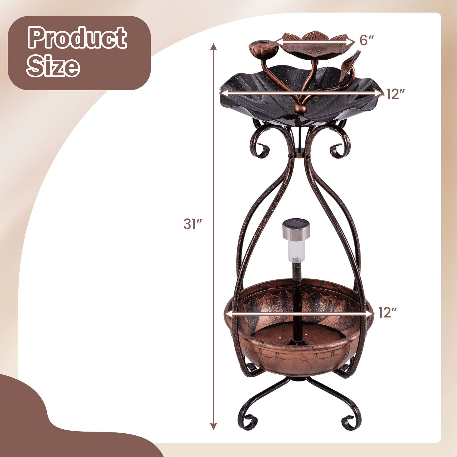 SlickBlue Standing Metal Birdbath with Solar Lights and Lotus Leaf Bowl