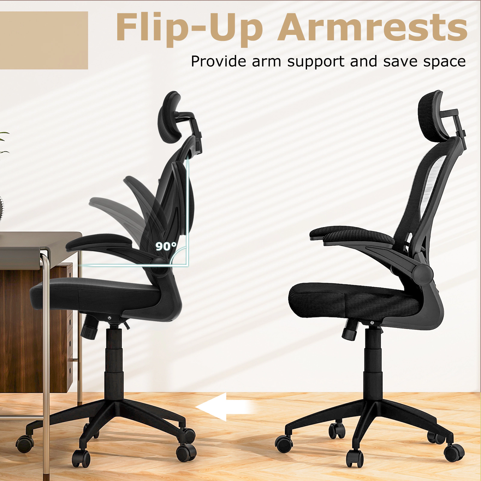 SUGIFT Mesh Office Chair with Adjustable Height Headrest Lumbar Support Flip-Up Armrests and Rocking Function 26
