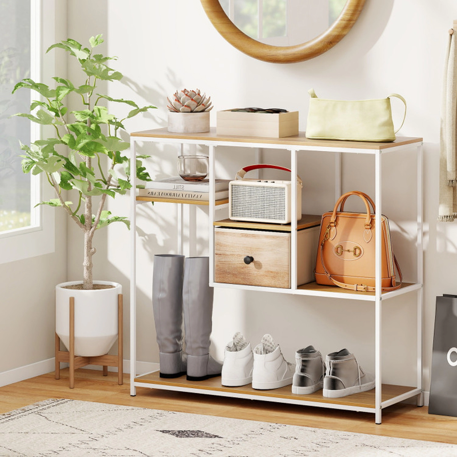 SUGIFT 4 Open Shelves Fabric Drawer Metal Frame Behind Sofa Console Table 40-in x 14-in x 38-in 88-lb Capacity Natural