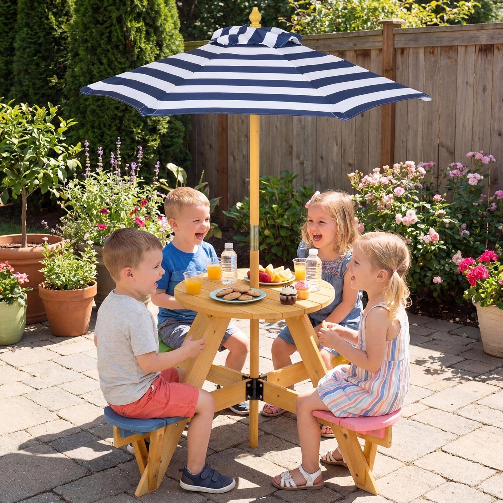 SUGIFT Kids Picnic Table Set, Blue Fir Wood Table with 4 Stools and 46.5-Inch Umbrella