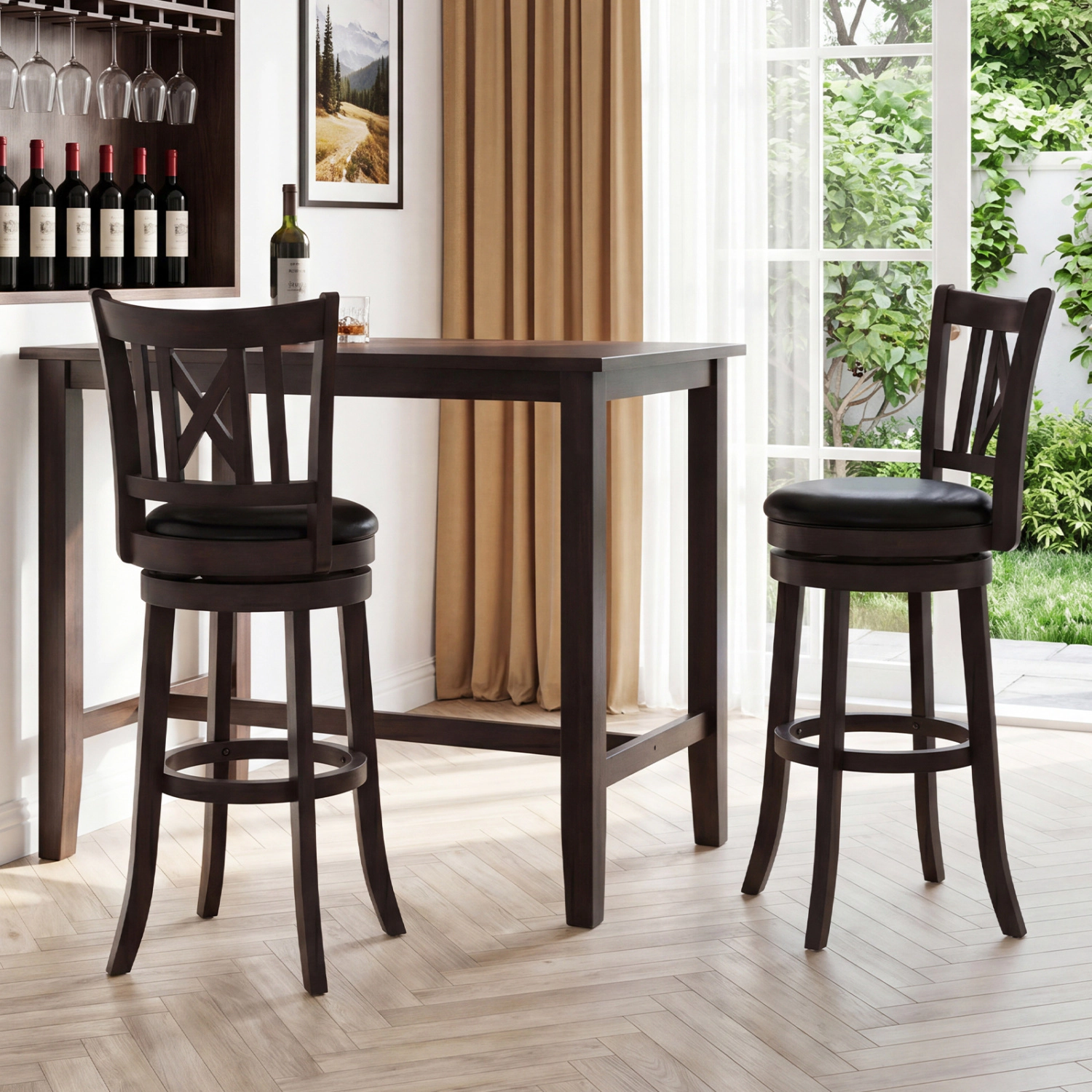 SUGIFT Set of 2 30-in Dark Chocolate Swivel Bar Stools, Hollow Back and Footrest