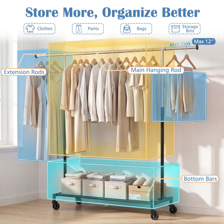 Hivvago Rolling Clothes Rack Extendable Garment Stand For Hanging Clothes