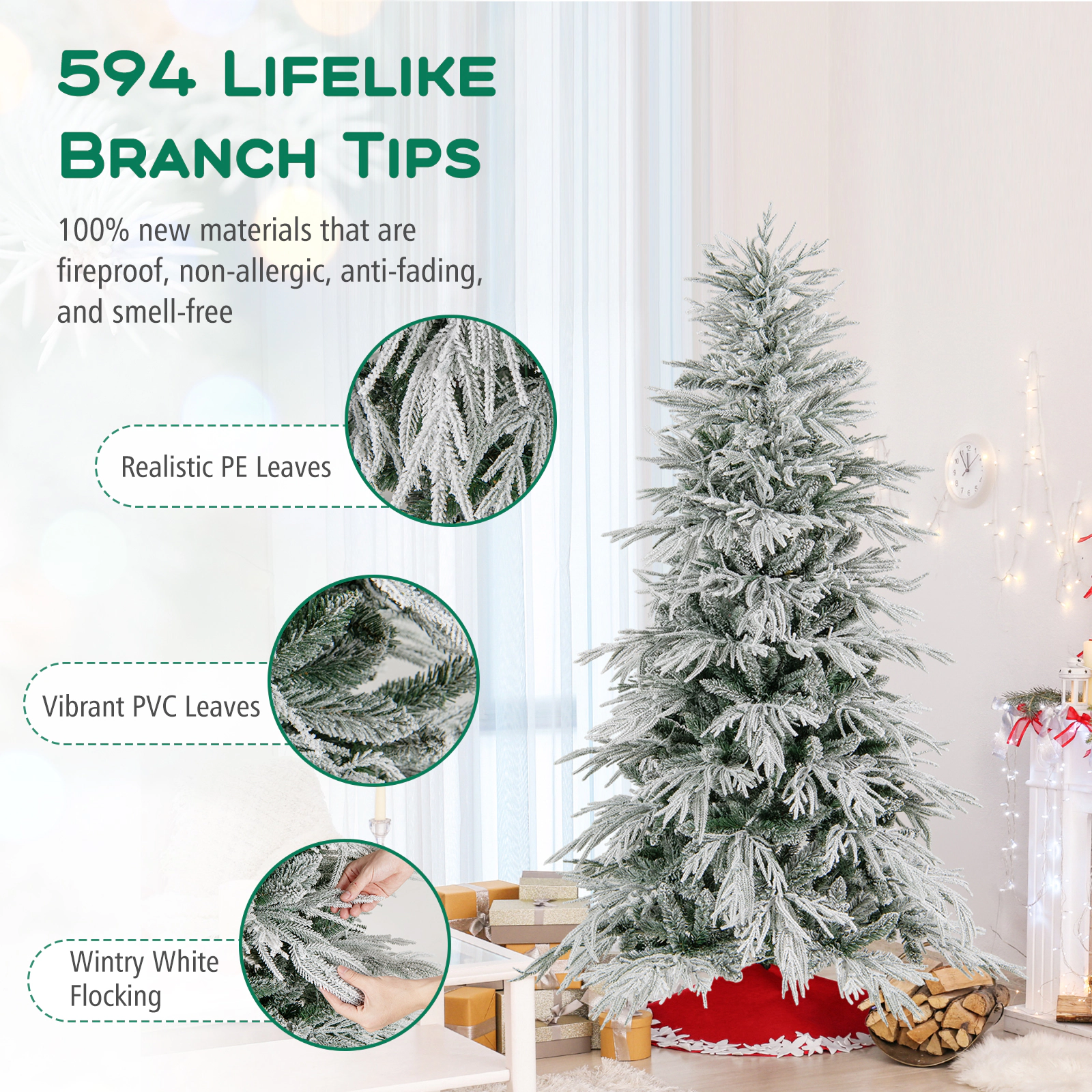 Costway 6/7/8 FT Artificial Christmas Tree with 594 PE PVC Branch Tips & 250/340/450 LED Lights