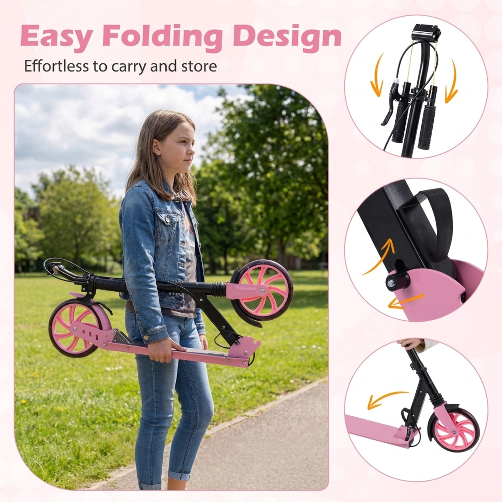 SUGIFT Kids Pink Folding Kick Scooter with 8-in Light-Up Wheels 39-in W 35-in to 41-in H 220-lb Rider Capacity