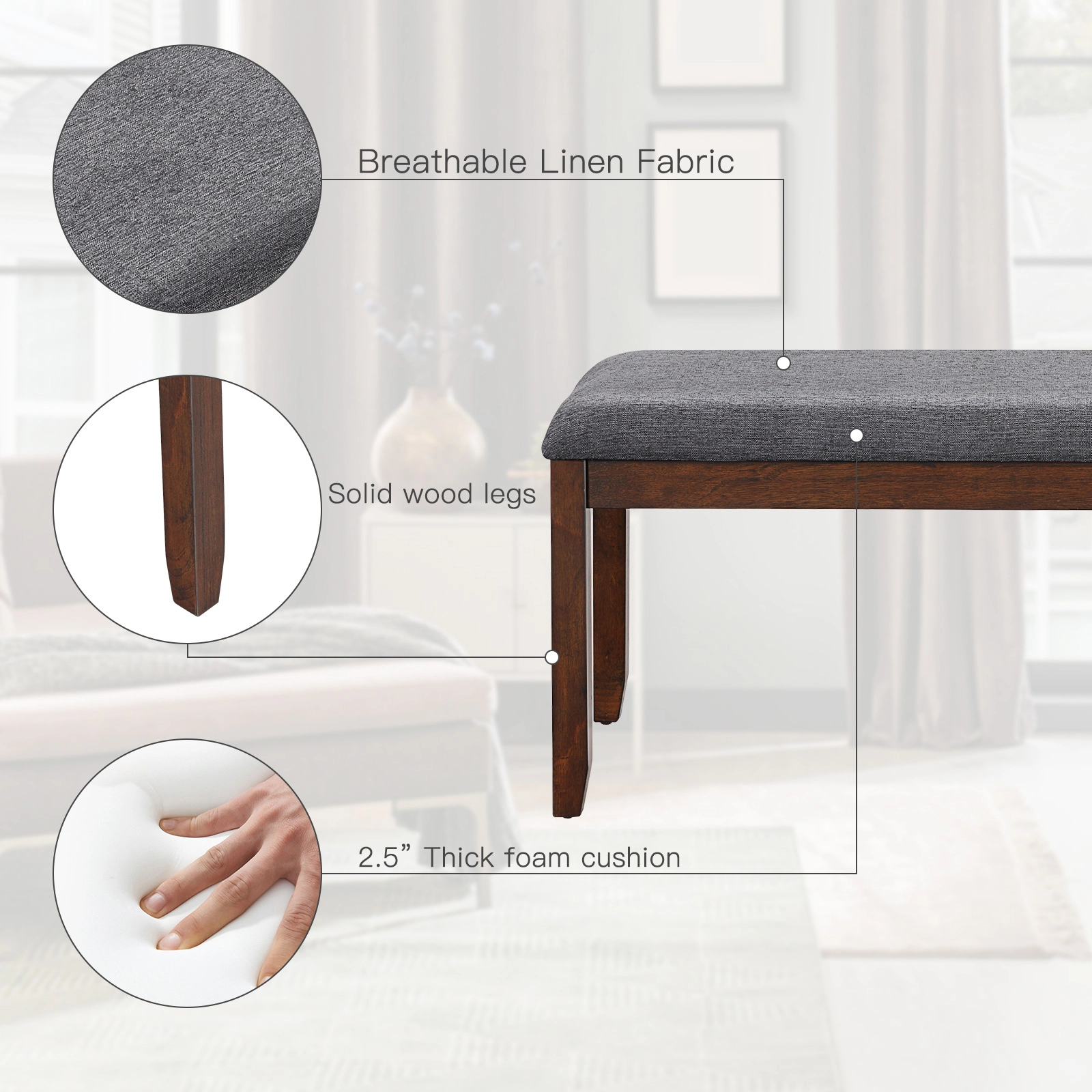 Glintex 47.5-Inch Linen Dining Bench with Rubber Wood Legs and 573-Lb Capacity, Gray & Brown