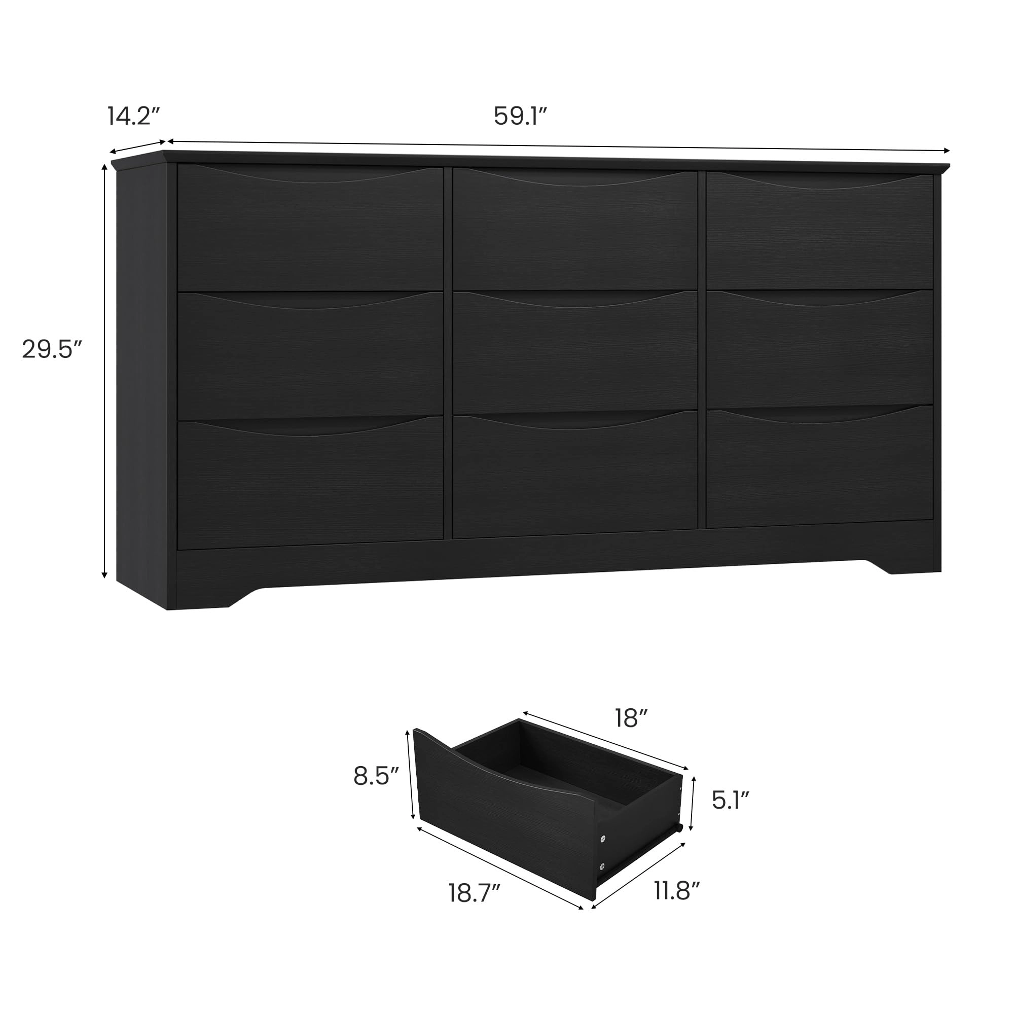 9 Drawer Modern Dresser with Hidden Handles, 59" Wide Large Double Storage Chest for Bedroom Living Room Hallway