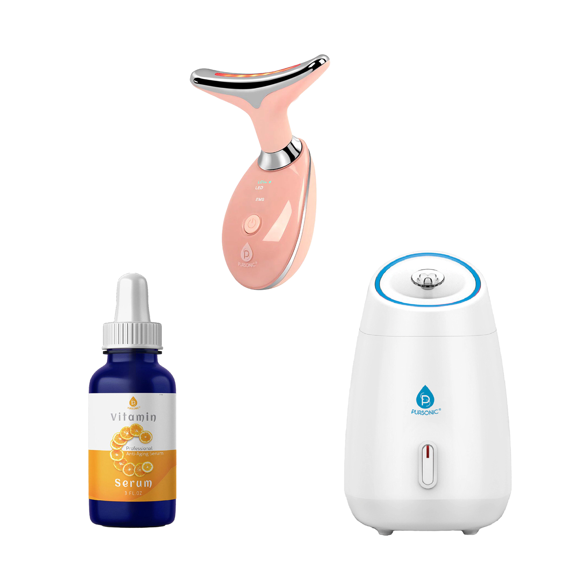 Pursonic Women's Skincare Renewal Bundle with Facial Steamer, 7-in-1 LED Light Therapy Device & Vitamin C 20% Serum