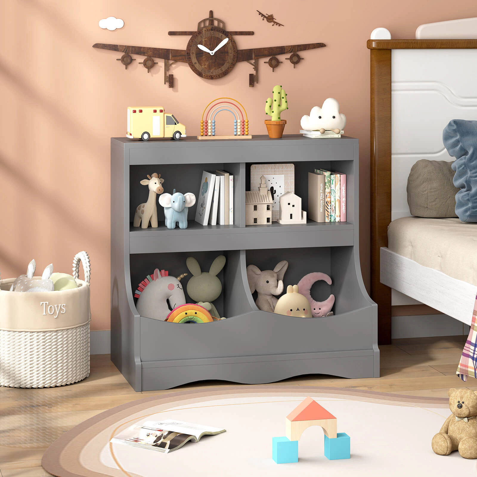Costway Toy Storage Organizer for Toys & Books 4-Cubby Kids Bookcase Children's Room Gray