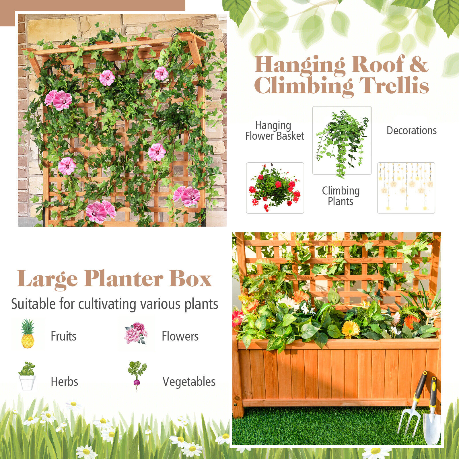 SlickBlue Wooden Planter Box with Trellis for Garden Vegetables Flowers