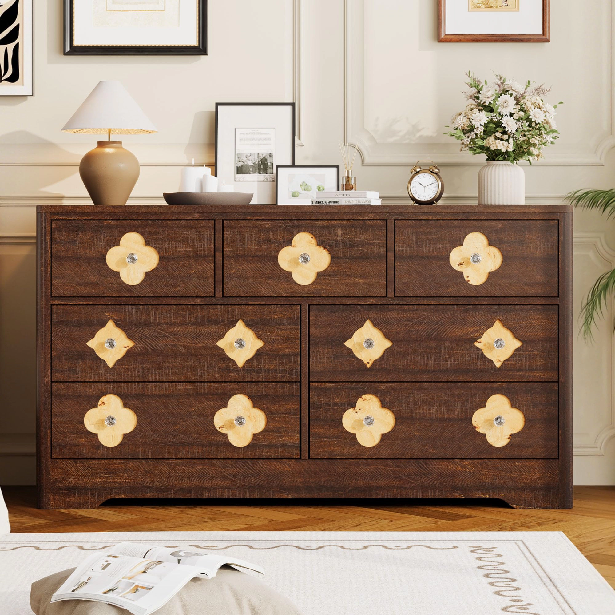 54" Wide 7 Drawer Wood Dresser with Decorative Fronts & Crystal Knobs, Storage TV Stand Organizer