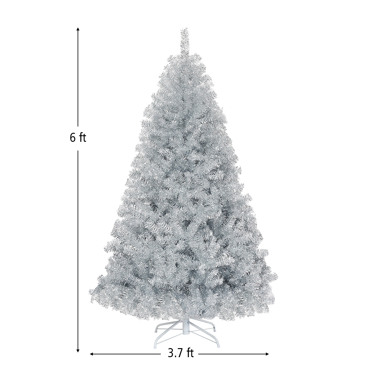 SUGIFT 6 ft Silver Tinsel Christmas Tree Unlit Hinged Artificial Xmas Tree with Metal Stand