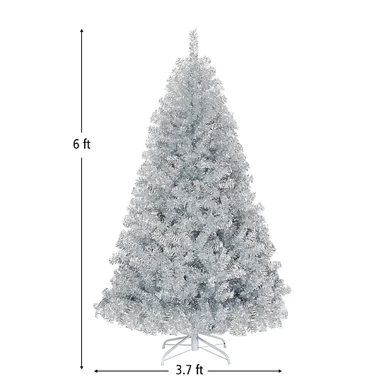SUGIFT 6-ft Unlit Hinged Tinsel Artificial Christmas Tree with 1036 Branch Tips and Metal Stand 3.7-ft Dia Silver