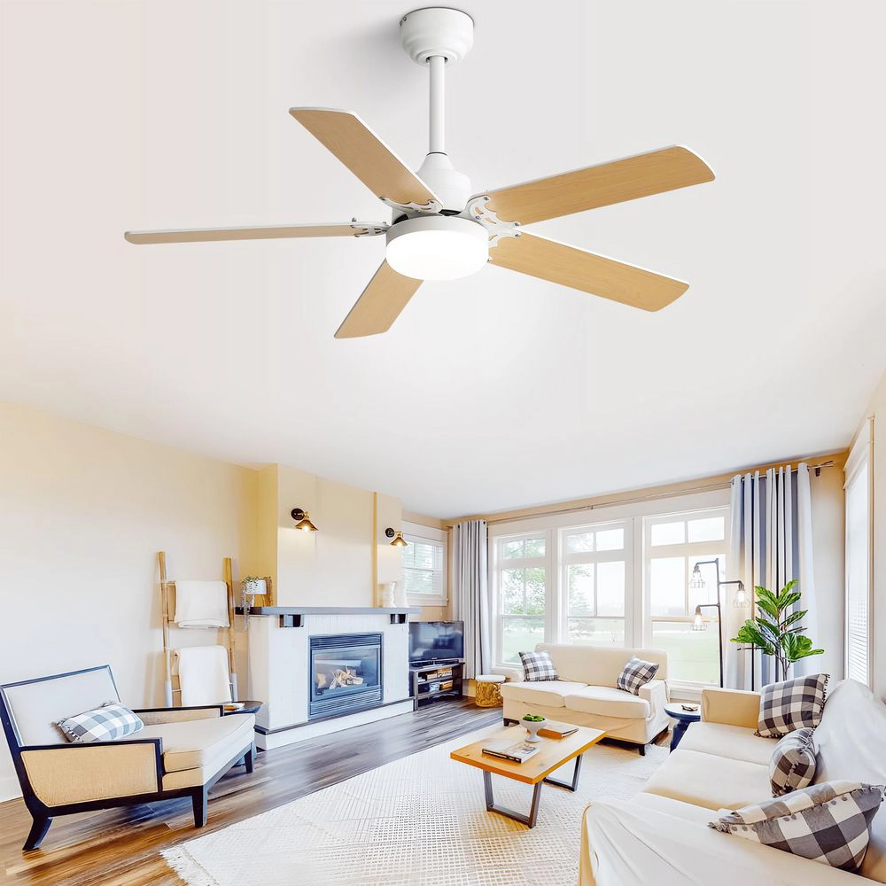 Flynama 42 in. Wood LED Ceiling Fan, Reversible DC Motor, Downrod Mount, Dimmable Remote Control, Energy Saving