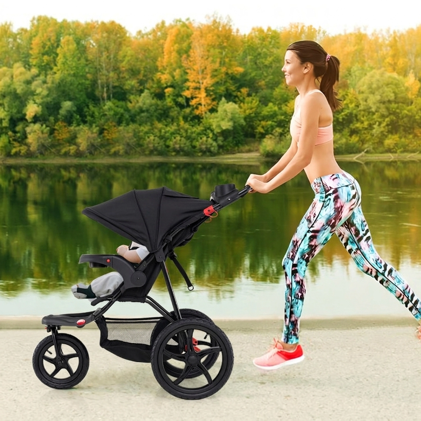 SUGIFT Black 33-lb Capacity 15.5-in Air-Filled Tire Foldable Jogging Stroller with Detachable Trays